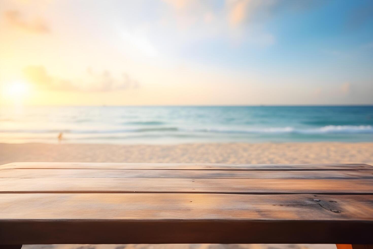 Table in front of blurred tropical beach of summer time background. photo