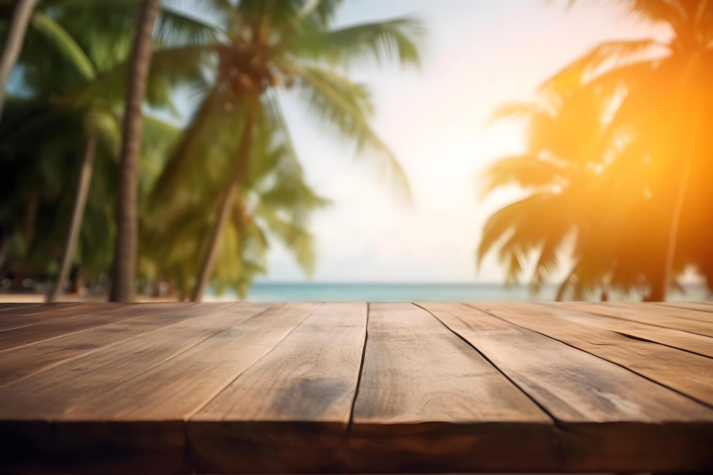 Table in front of blurred tropical beach of summer time background. photo