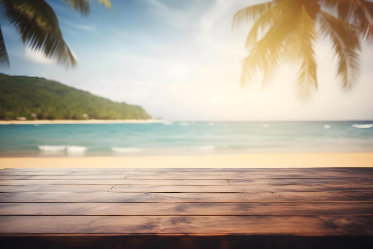 Table in front of blurred tropical beach of summer time background. photo