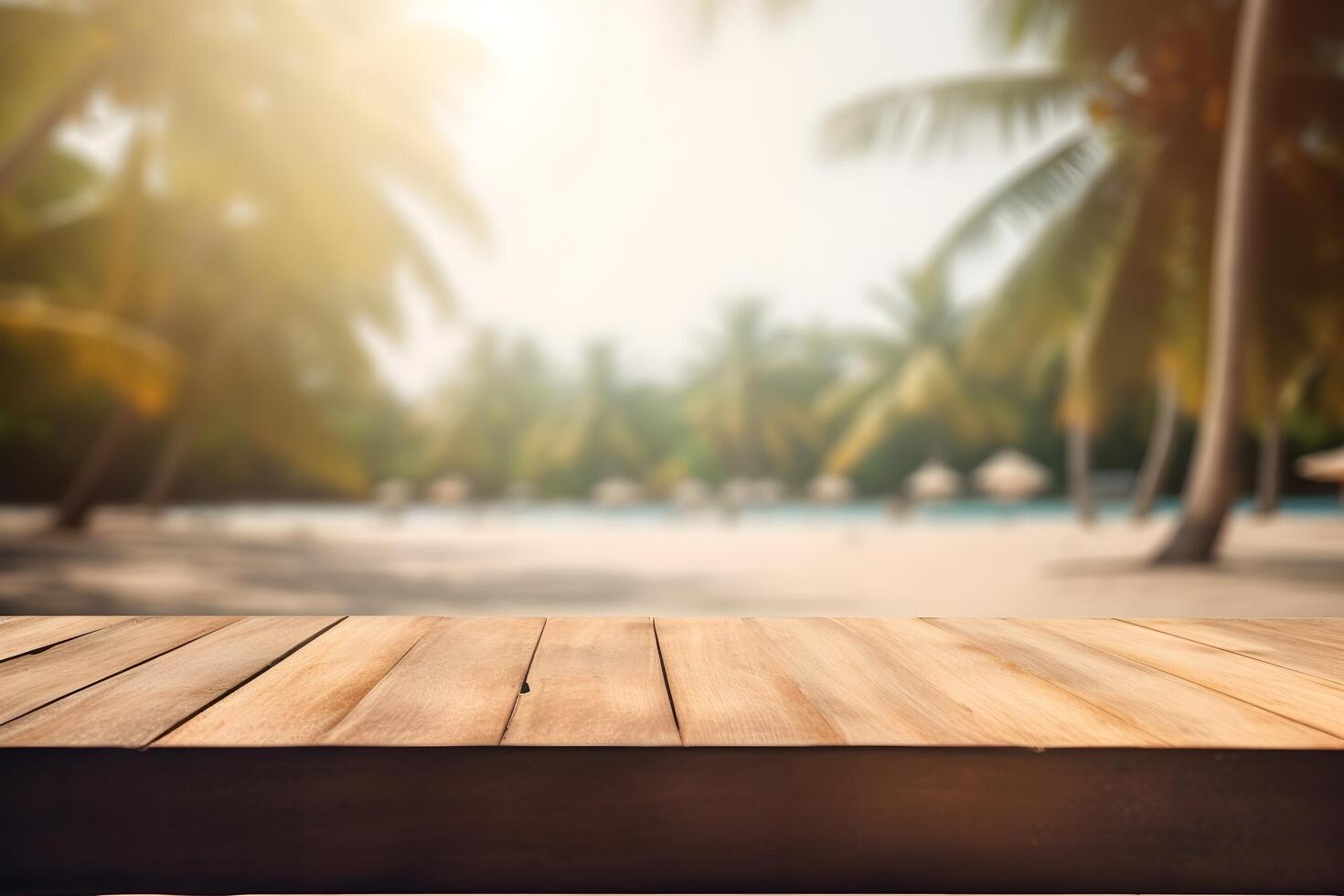 Table in front of blurred tropical beach of summer time background. photo