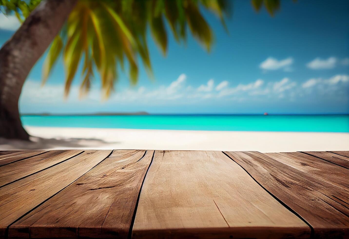 Table in front of blurred tropical beach of summer time background. photo