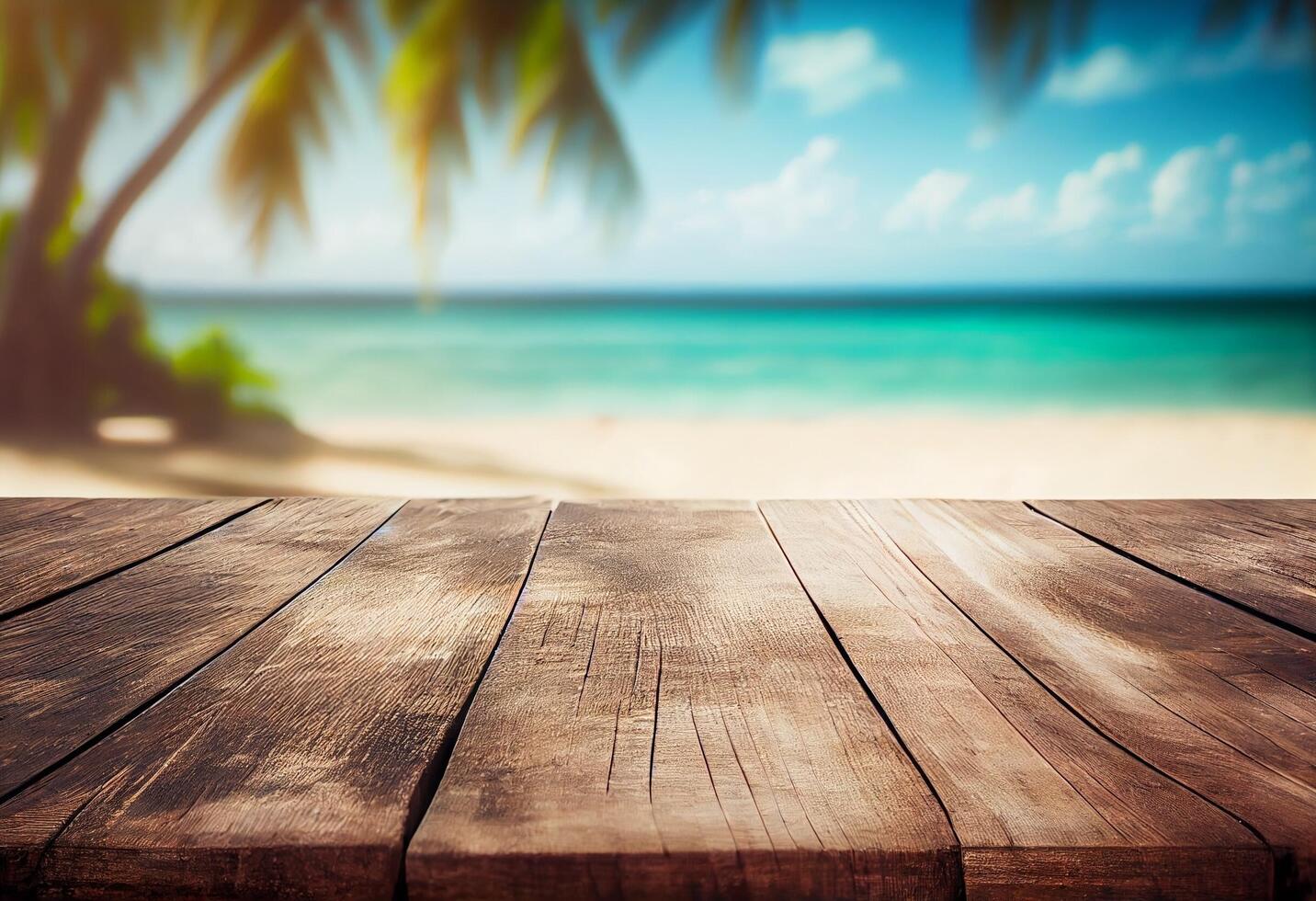 Table in front of blurred tropical beach of summer time background. photo