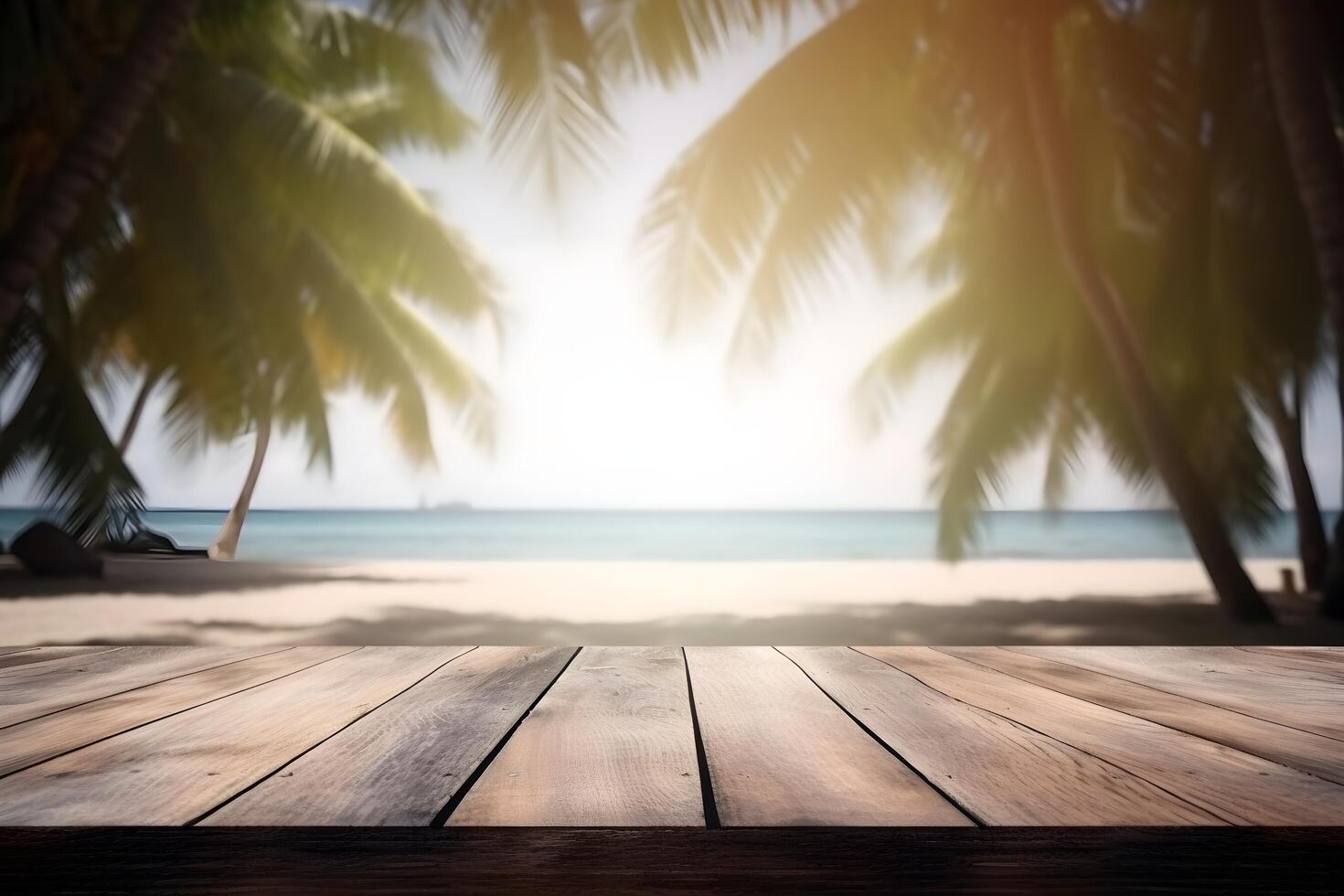 Table in front of blurred tropical beach of summer time background. photo