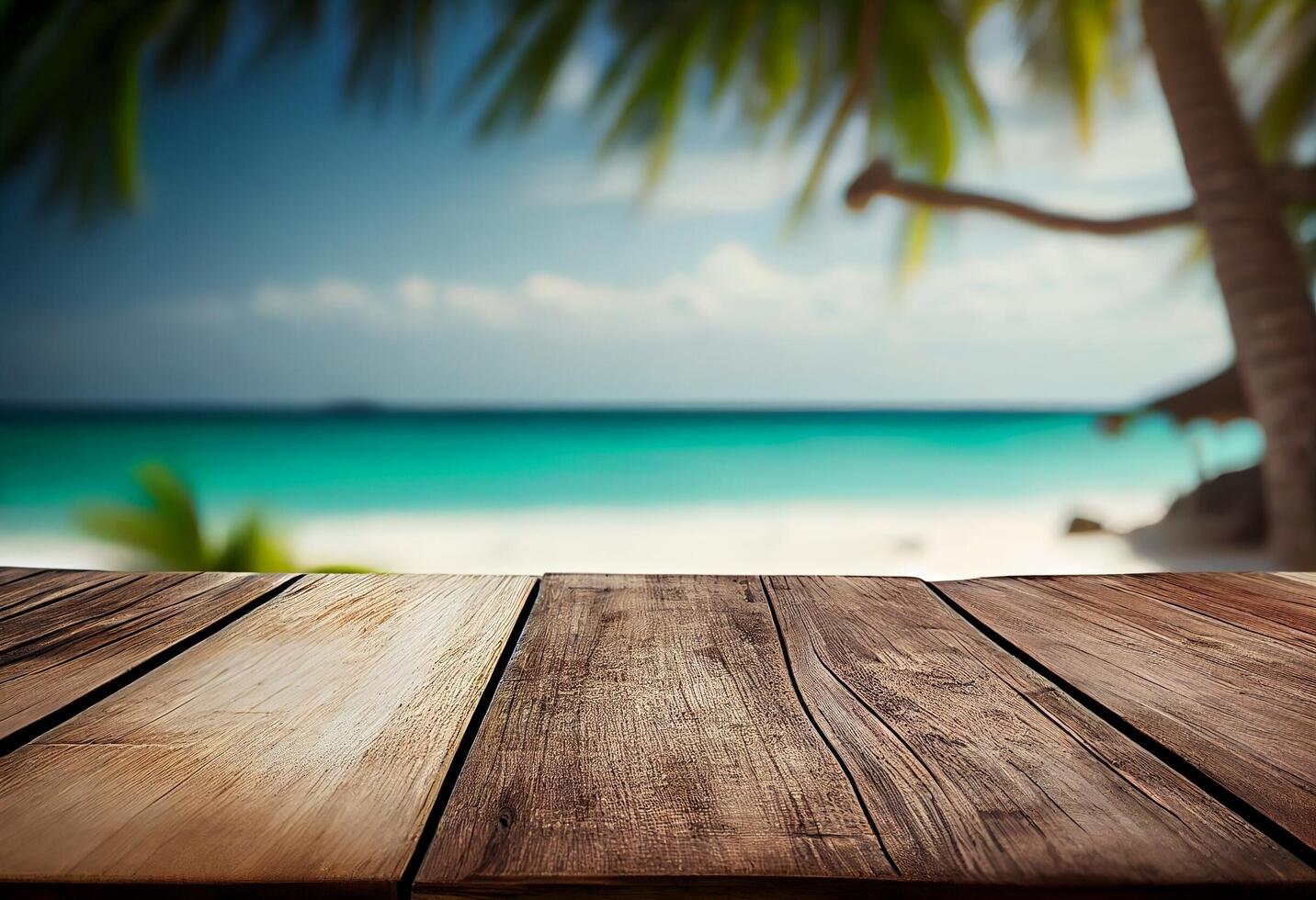 Table in front of blurred tropical beach of summer time background. photo