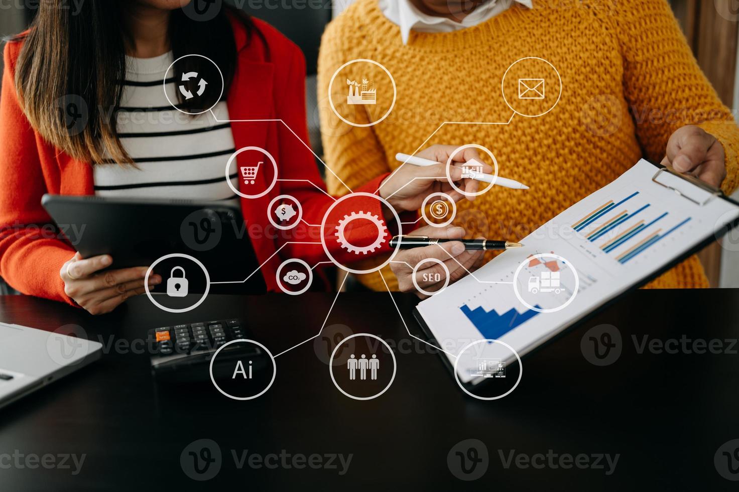 Working team meeting concept, business using laptop and smart phone and digital tablet computer with digital marketing media  in virtual icon network diagram office in morning light photo