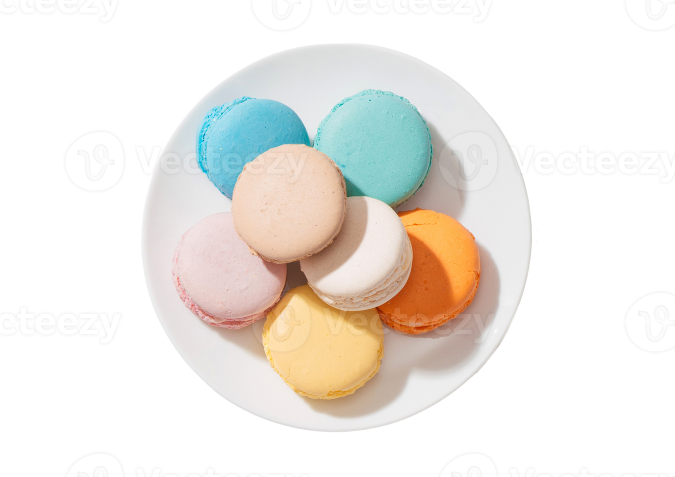 White plate with colorful macaroons isolated on a transparent background png