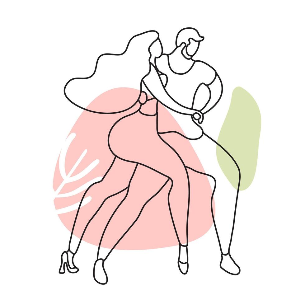 A beautiful couple are moving. Lovers dance bachata, salsa. Gentle line art with spots. Minimalism vector