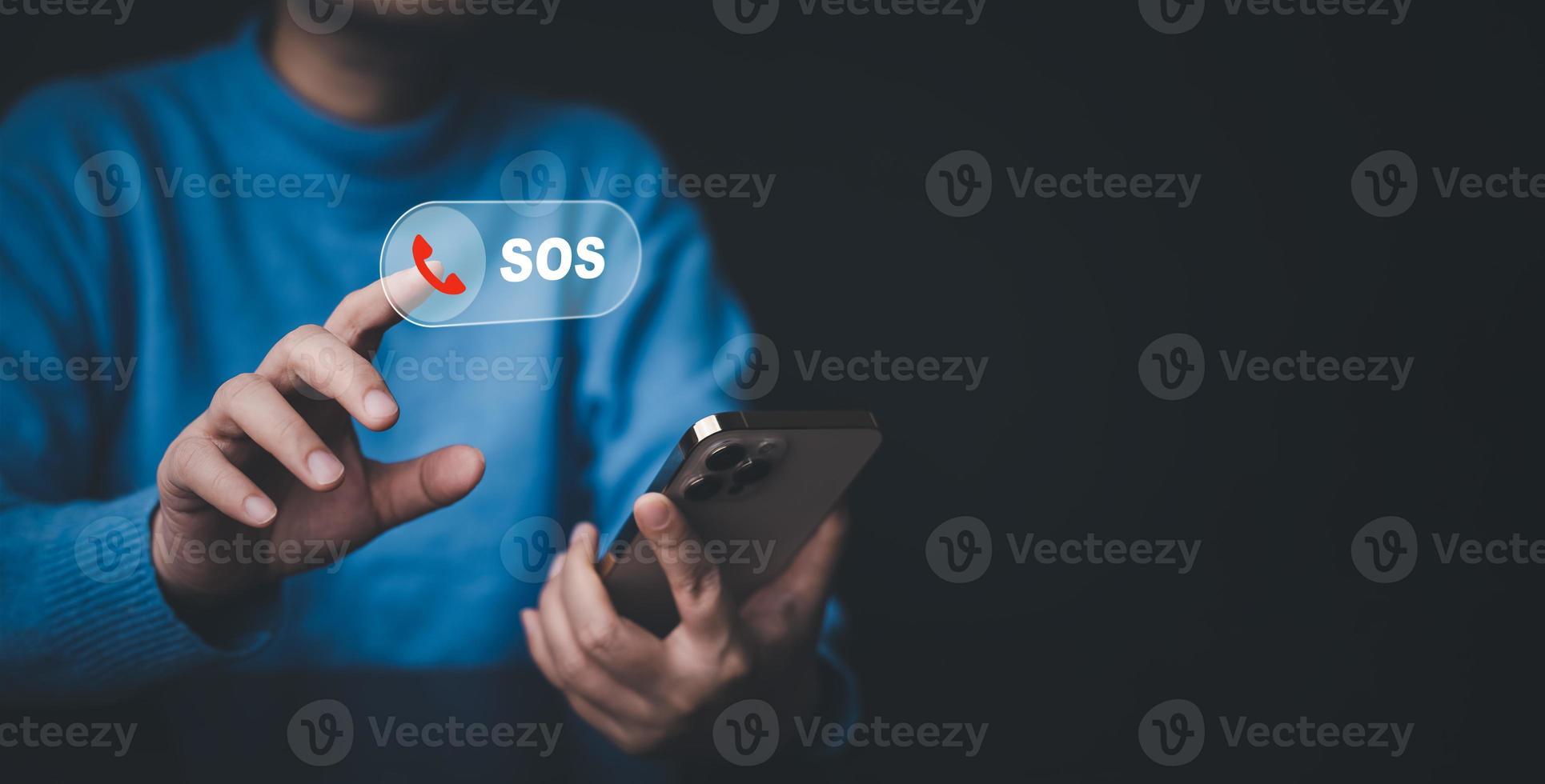 Businessman touch bar SOS Emergency app in home, call phone, Chat message icon, Emergency application from smartphone for elderly, technology concept.Old hand touch mobile phone and call for help. photo