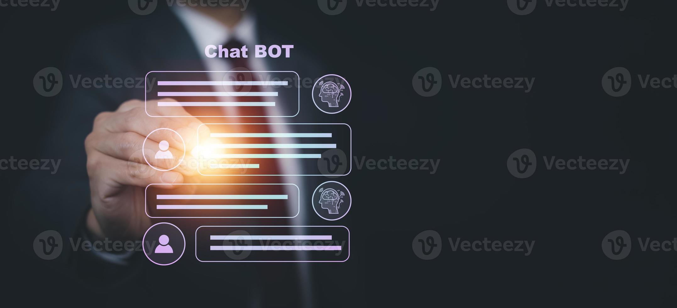 Businessman Hand touch Chat bot Chat with AI, Artificial Intelligence, System Artificial intelligence an artificial intelligence chatbot, Digital chatbot, Robot application, conversation photo