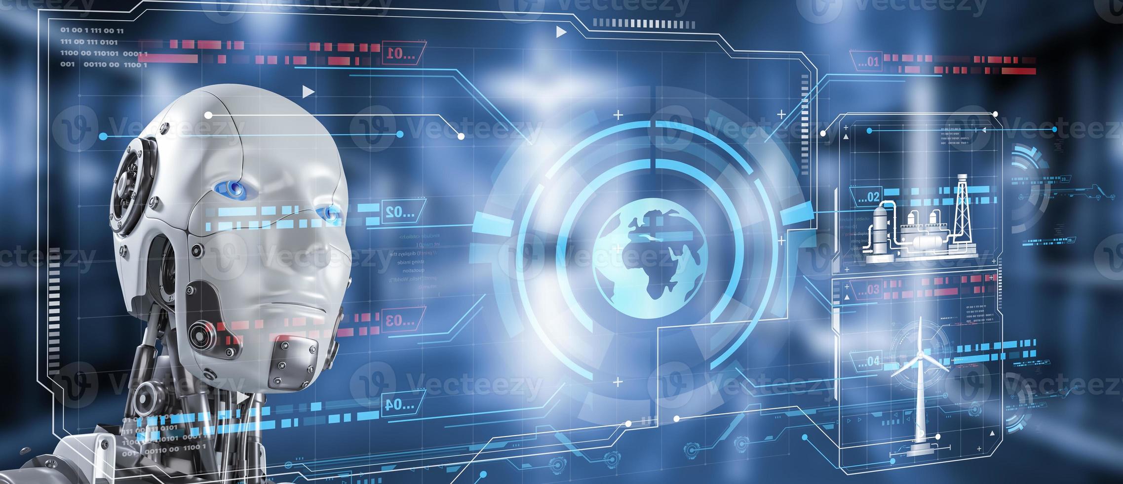 Robots working with digital displays,  AI robot humanoids virtual modern reduce CO2 emission concepts global warming emissions carbon footprint climate change to limit global warming, energy power photo