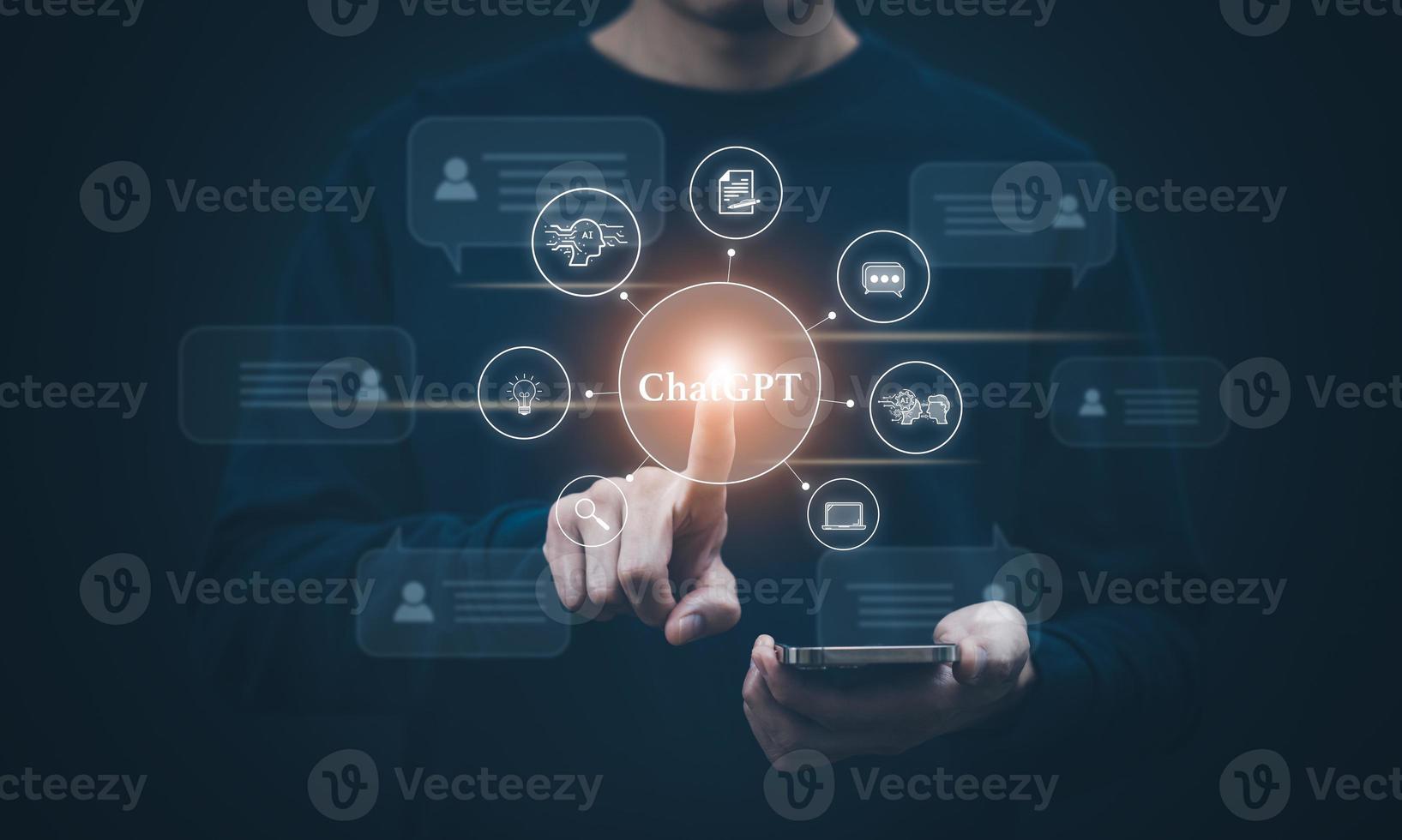 Businessman hold Laptop and touch Chat bot Chat with AI, Artificial Intelligence, System Artificial intelligence an artificial intelligence chatbot, Digital chatbot, Robot application, conversation photo