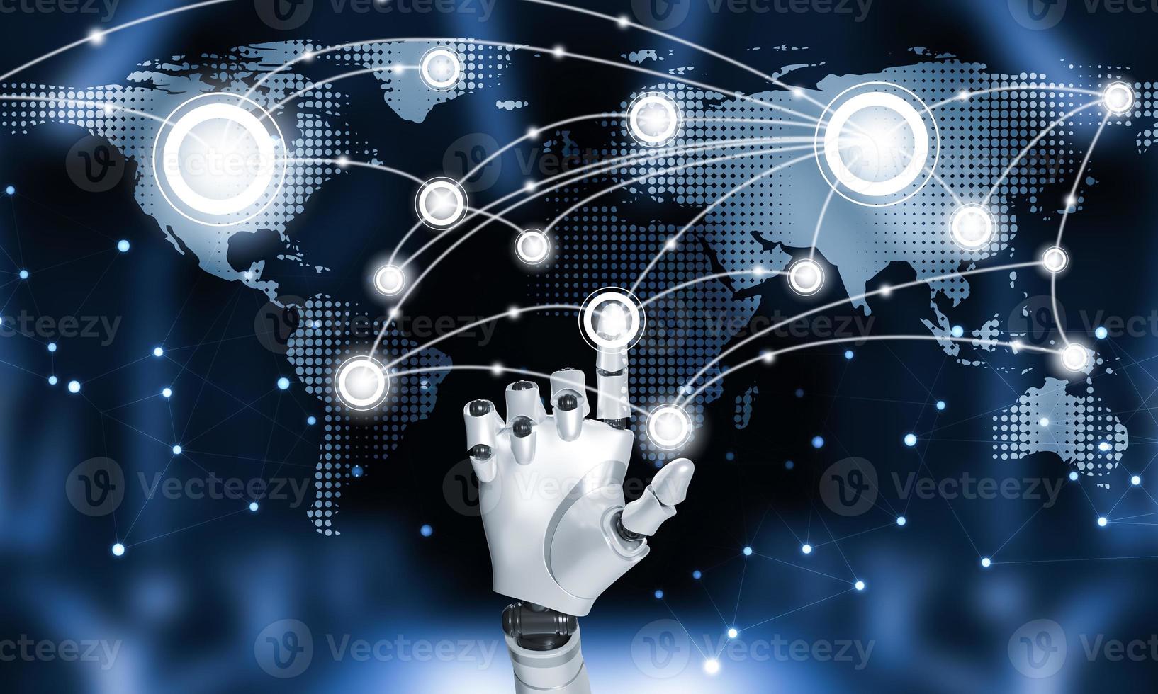 AI robots use hand-touch connections system and global data exchange. , Business network connection concept. hologram screen displaying modern web system Wireless connection futuristic concept photo