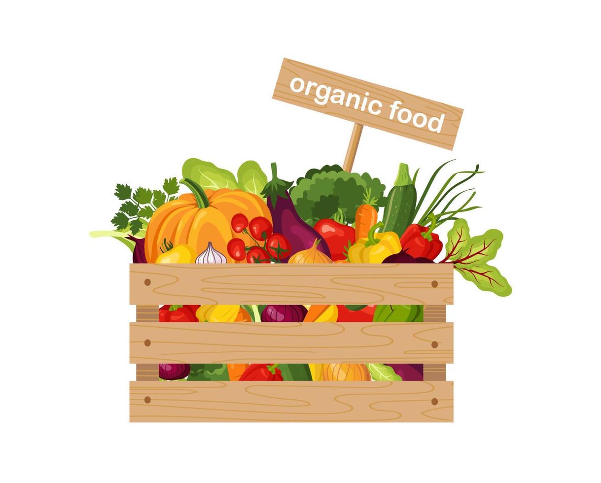 wooden box with vegetables, organic food vector