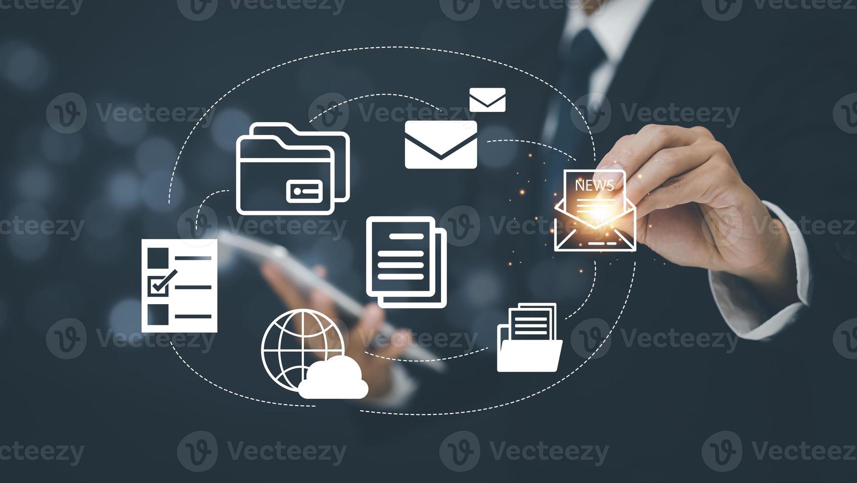 Businessman touch folder of Email document Management System,  online documentation database and process automation to efficiently manage files work, knowledge, Corporate business technology photo