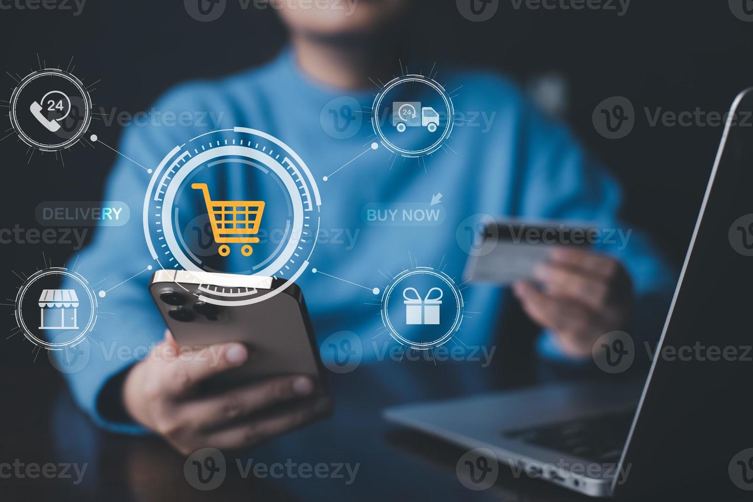 Smartphones with online shopping concepts, marketplace websites with the virtual interface of online Shopping cart part of the network, and Online shopping businesses with selecting shopping cart. photo