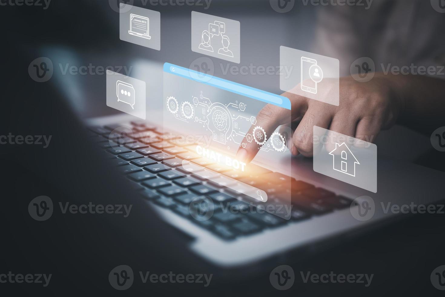 Businessman hold Laptop and touch Chat bot Chat with AI, Artificial Intelligence, System Artificial intelligence an artificial intelligence chatbot, Digital chatbot, Robot application, conversation photo