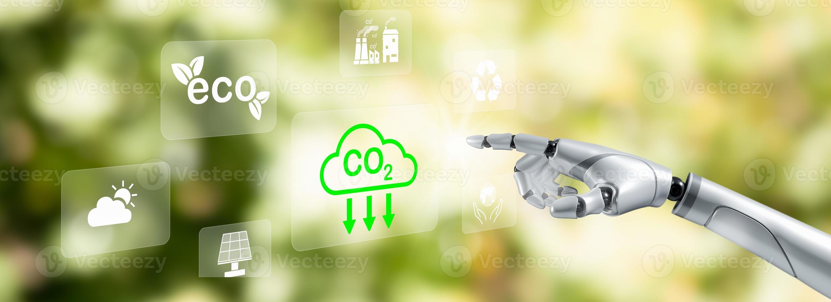 AI Robot hand touch recycle symbol with virtual modern reduce CO2 emission concept with icons, global warming emissions carbon footprint climate change to limit global warming, energy photo