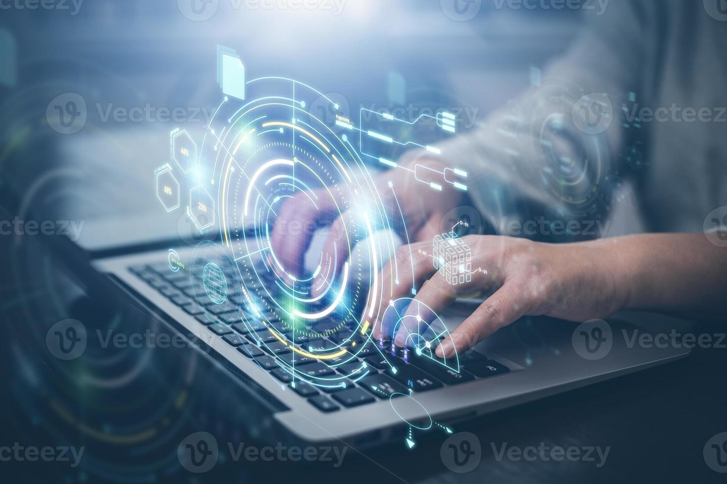 Concept financial transactions online, businessman use laptop with point at financial analyzing data while discussion, planning brand promotion budget, raising company awareness in social media photo