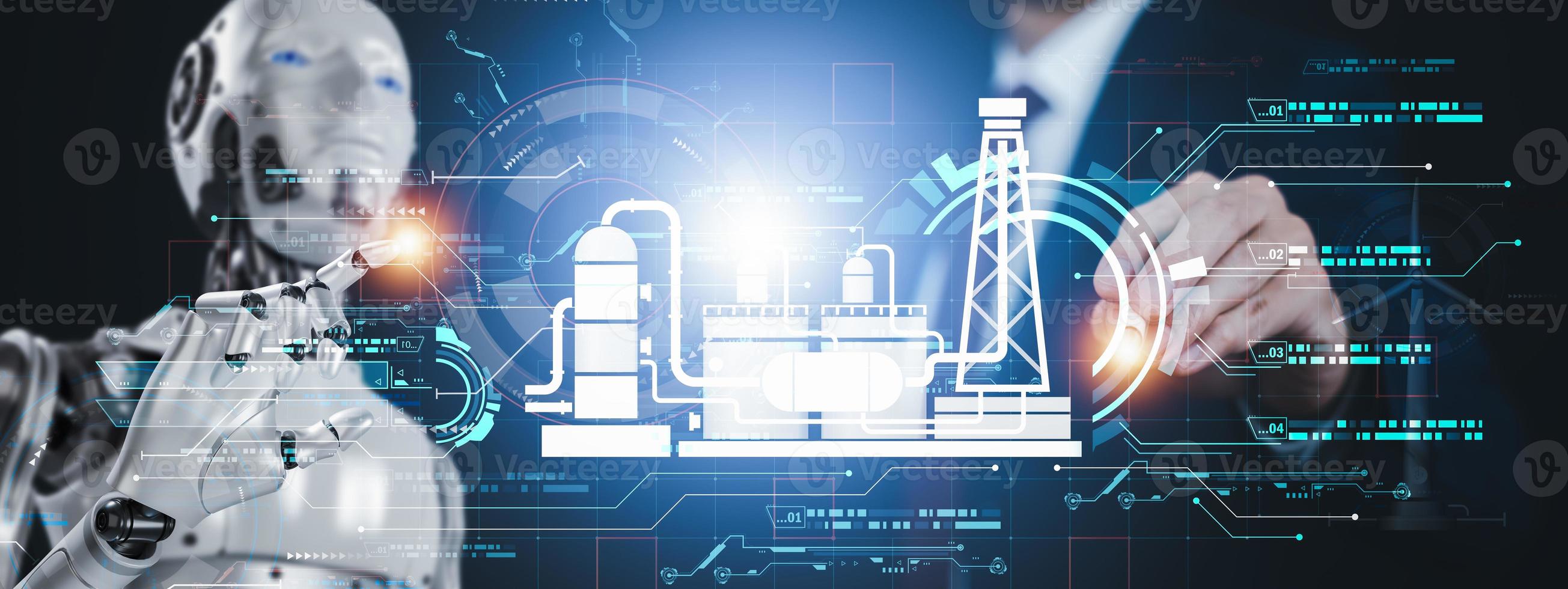 Businessman and Robot hand touch electric power and virtual modern Reduce CO2 emission with icons, global warming emissions carbon footprint climate change to limit global warming, natural energy photo
