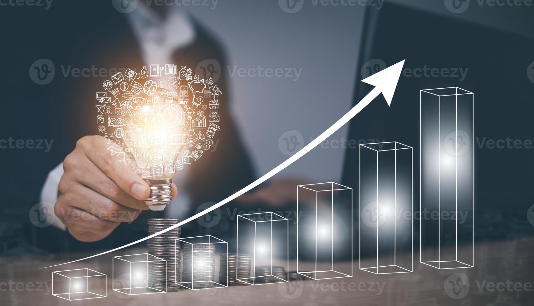 Creativity in the hands of business people idea concept,Businessman holding glowing light bulb with arrow business and connection line, creative thinking ideas and innovation technology and creativity photo