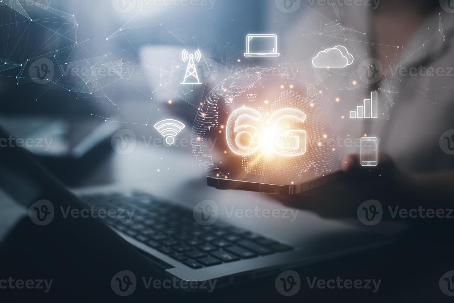 Businessman hold smartphone technology with 6G of mobile telecommunication network in Europe for high-speed wireless data connection to the internet from smartphones, future technology 6G network photo
