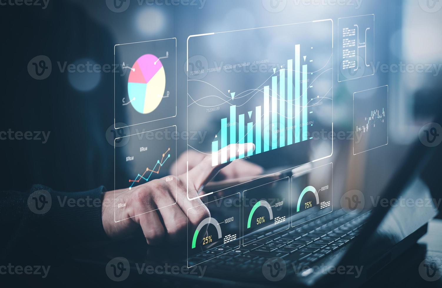 Working Data Analytics and Data Management Systems and Metrics connected to corporate strategy database for Finance, Intelligence,  Business Analytics with Key Performance Indicators, social network photo