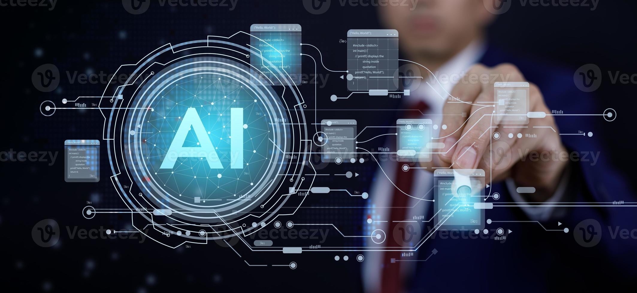 Artificial Intelligence AI, on the big data network, Big data and Financial banking, Businessman working on digital smartphone coding programming mobile app development web icon computer code photo