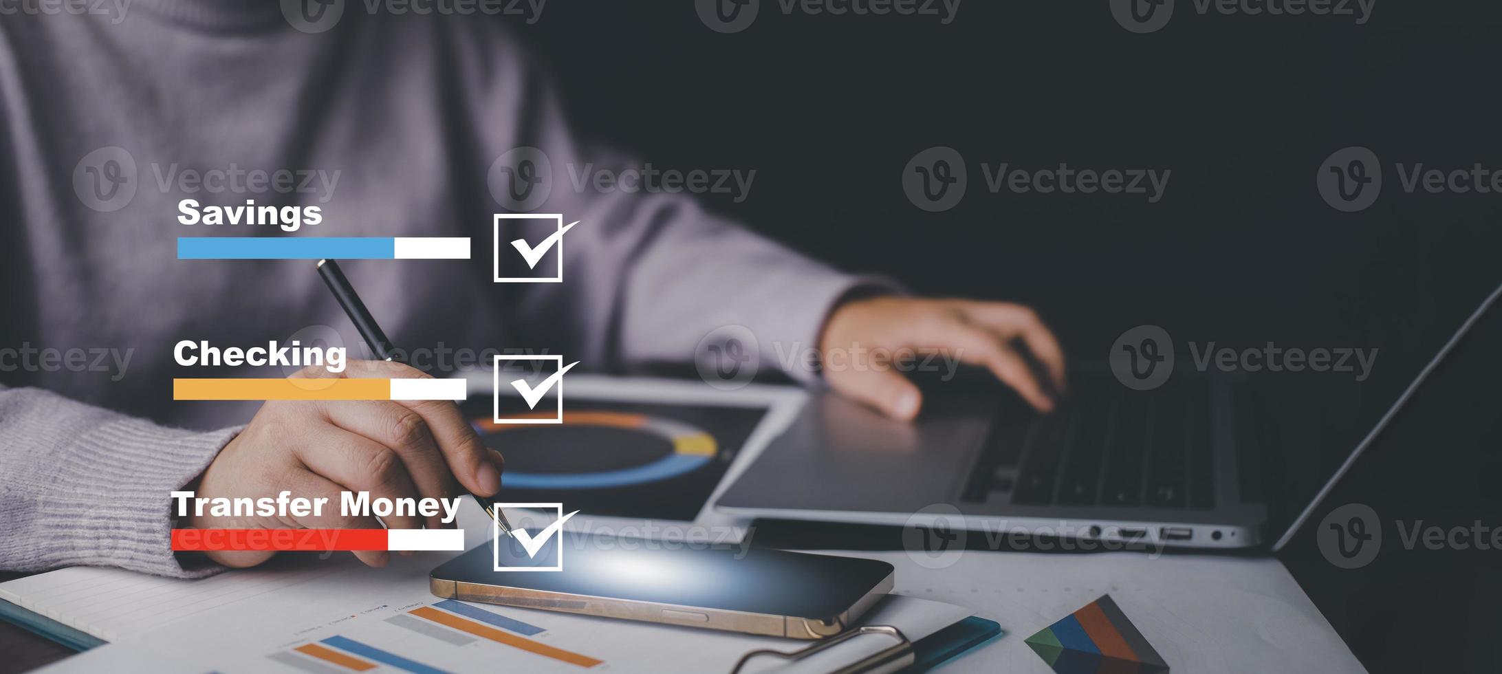 Online banking hologram AI and automation concept, Businessman using the laptop and touching online banking and network connection icon, online payment, shopping business digital technology, photo