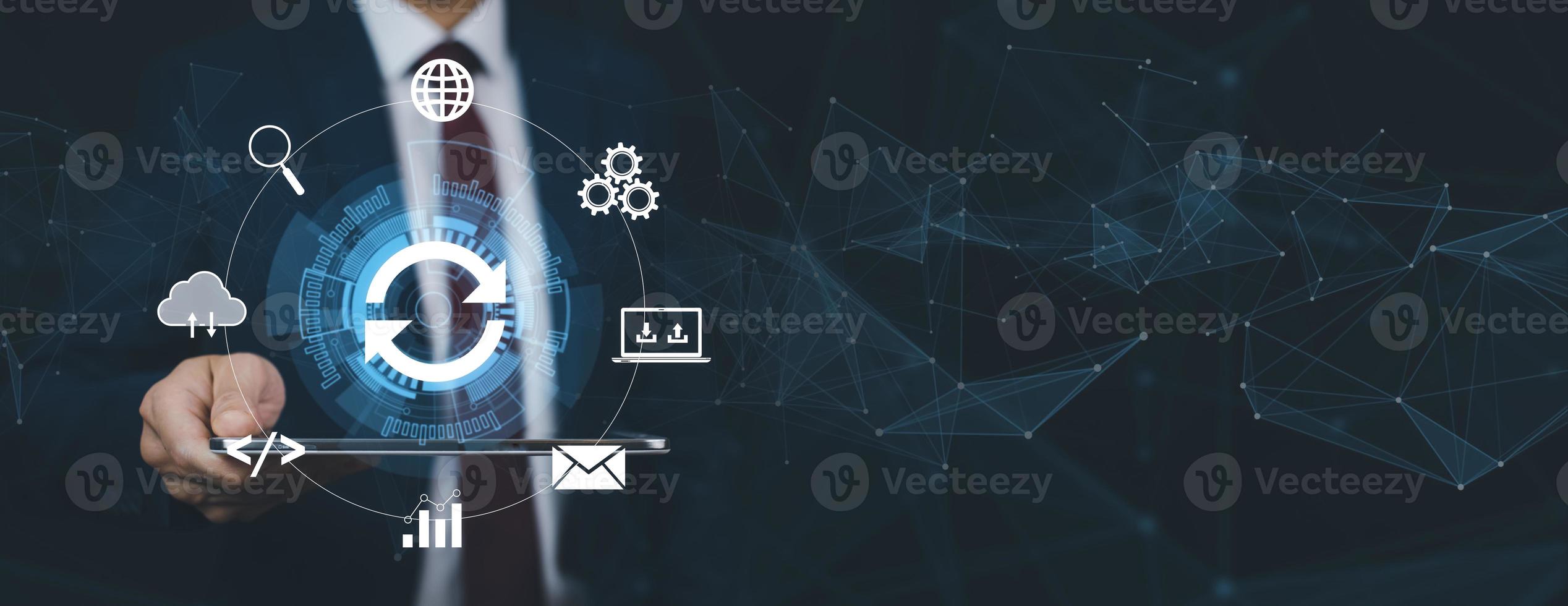 Businessman hold laptop with Update Software Computer Program Upgrade Business Technology Internet, Update on virtual screen. Internet and technology concept, loading bar with installing the update. photo