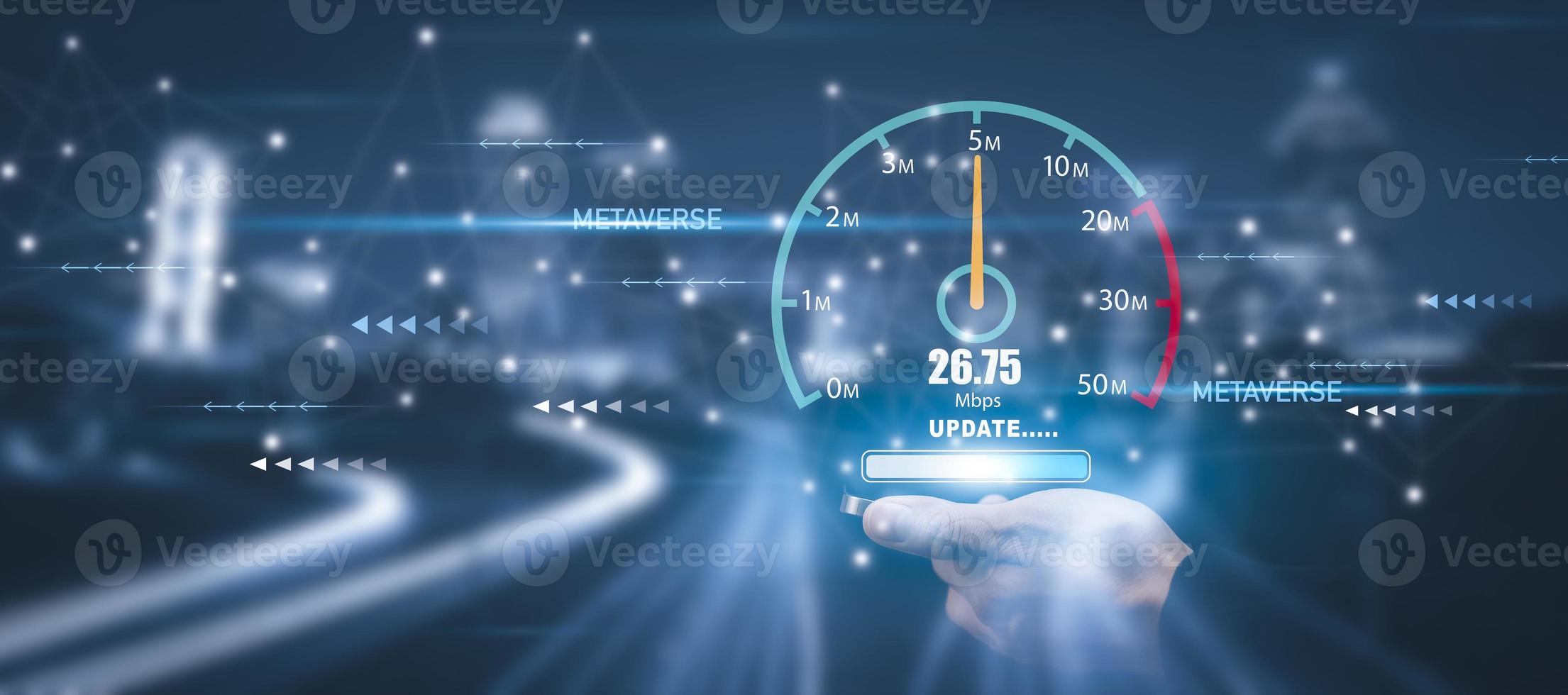 Fast internet connection with Metaverse technology concept, Hand holding smartphone and Virtual screen of Internet speed measurement,Internet and technology concept, 5G Hi speed internet concept photo