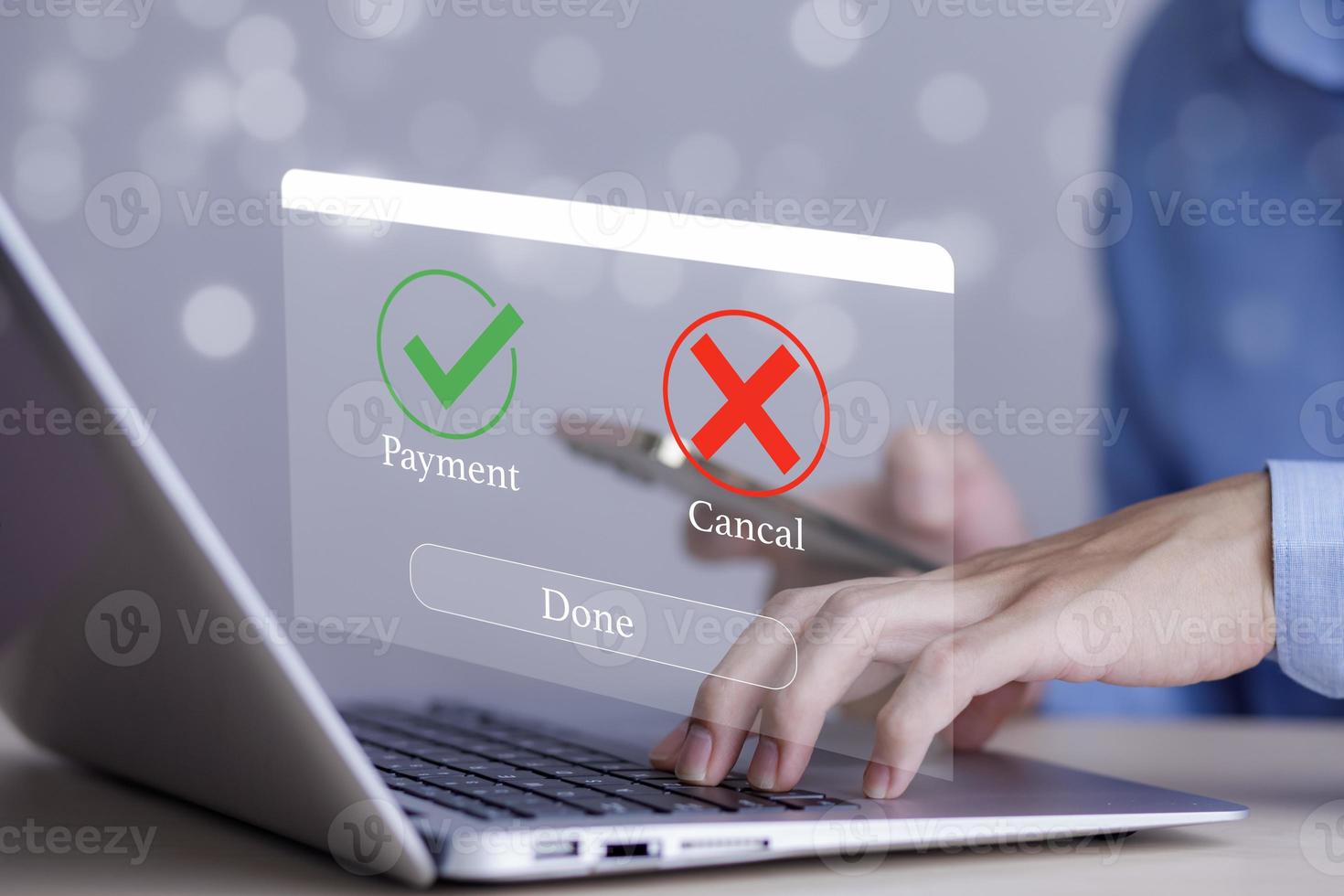 Laptop with Online payment ,Hand touch banking online bill payment Approved concept button, credit card and network connection icon on business technology virtual screen background photo