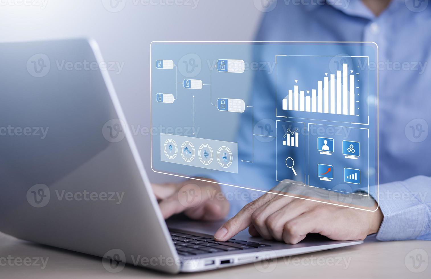 Working Data Analytics and Data Management Systems and Metrics connected to corporate strategy database for Finance, Intelligence,  Business Analytics with Key Performance Indicators, social network photo