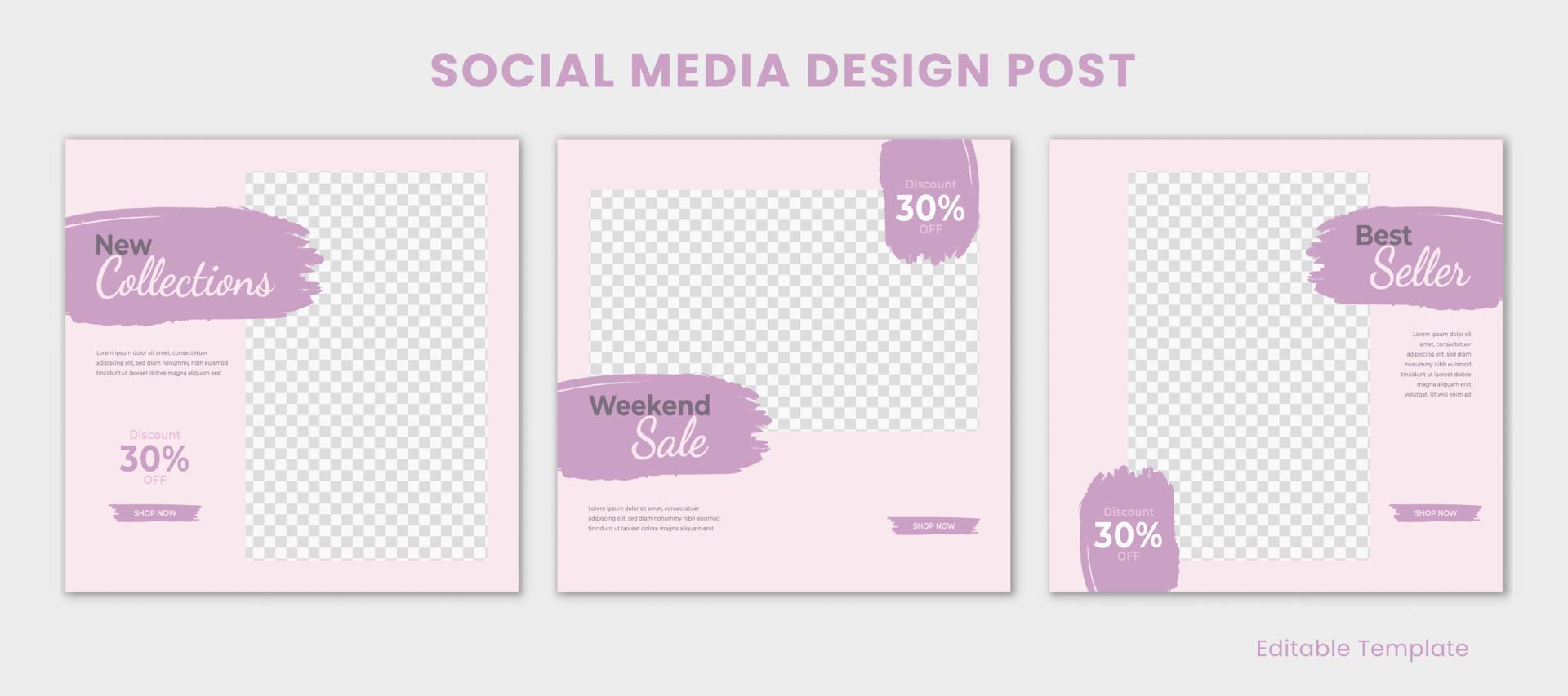 Set of Editable Template Social Media Design Post with Rectangle Frame and Brush. Suitable for Post, Sale Banner, Ads, Advertising, Promotion Product, Fashion, Beauty, Offer, Business Page vector