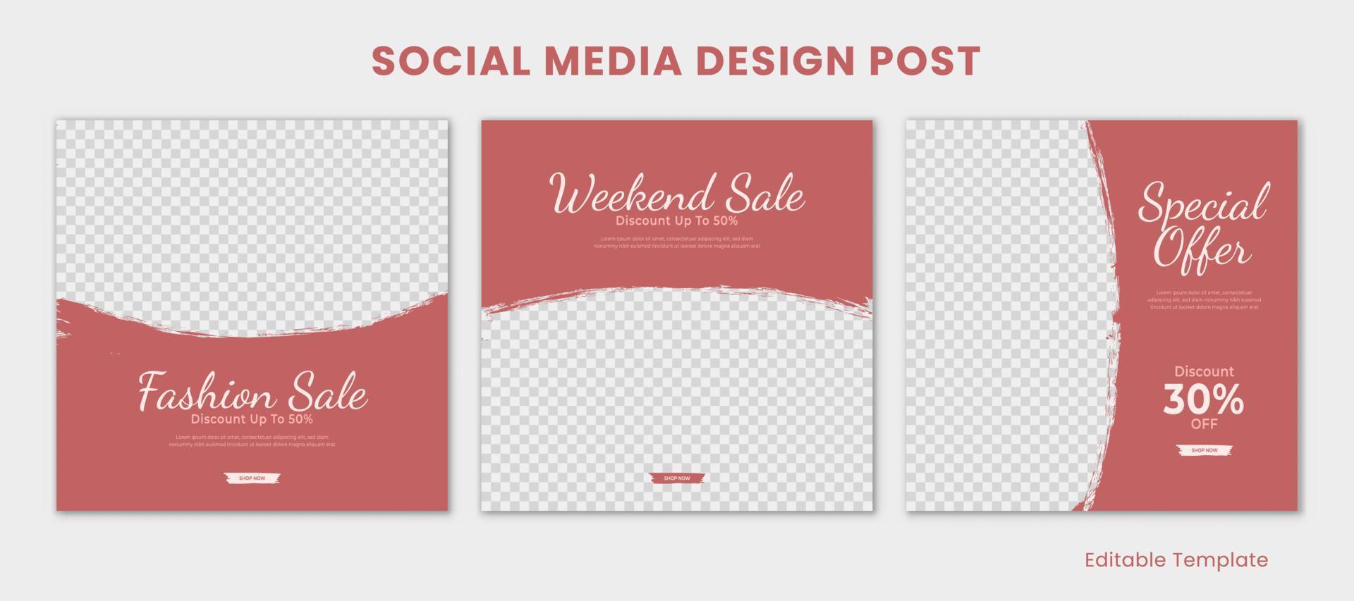 Set of Editable Template Social Media Design Post, With Pink Brush Frame Theme. Suitable For Post, Sale Banner, Ads, Promotion Product, Business, Company, Fashion, Beauty, Spa, Salon, etc vector