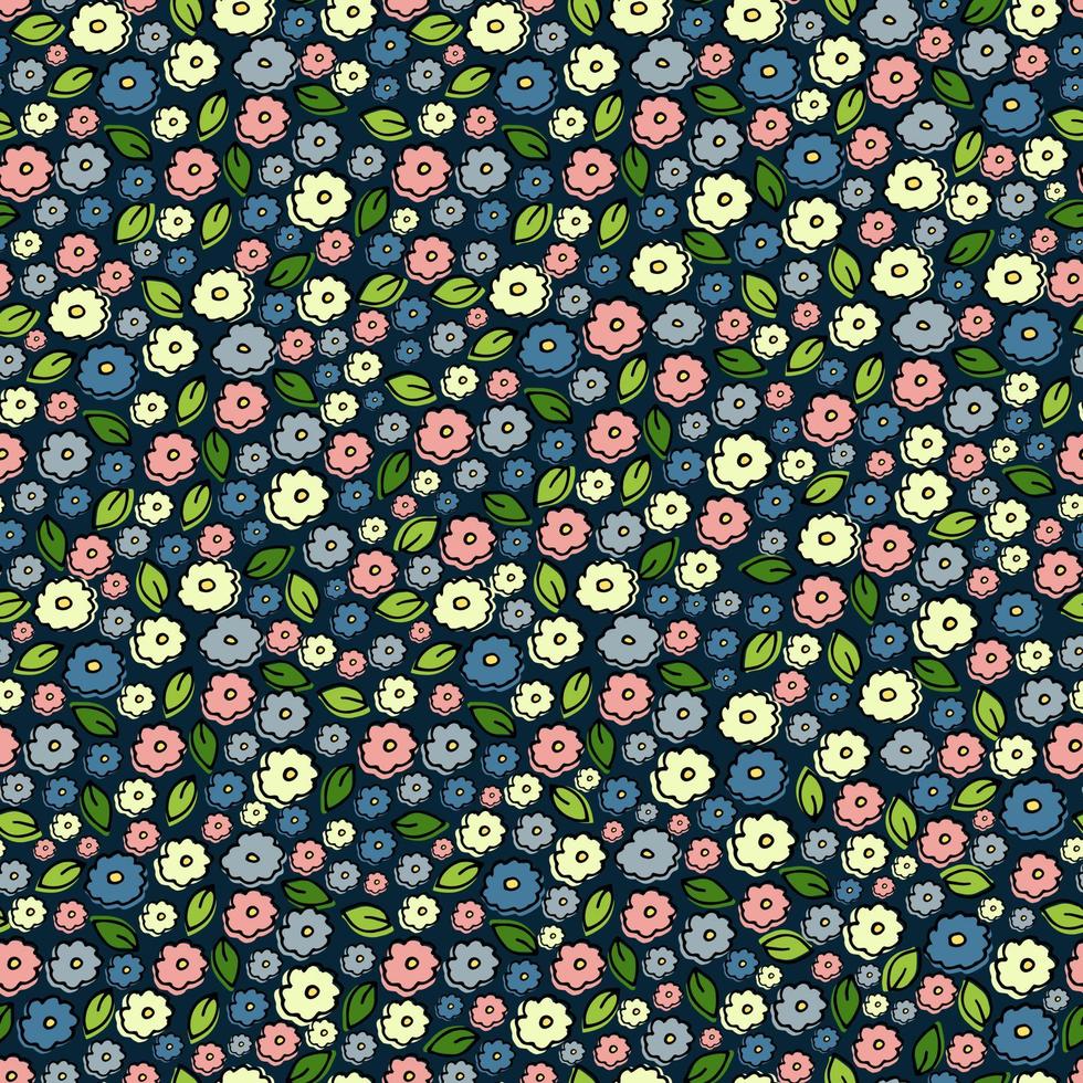 Floral seamless pattern on a dark background. A pattern of small flowers and leaves vector