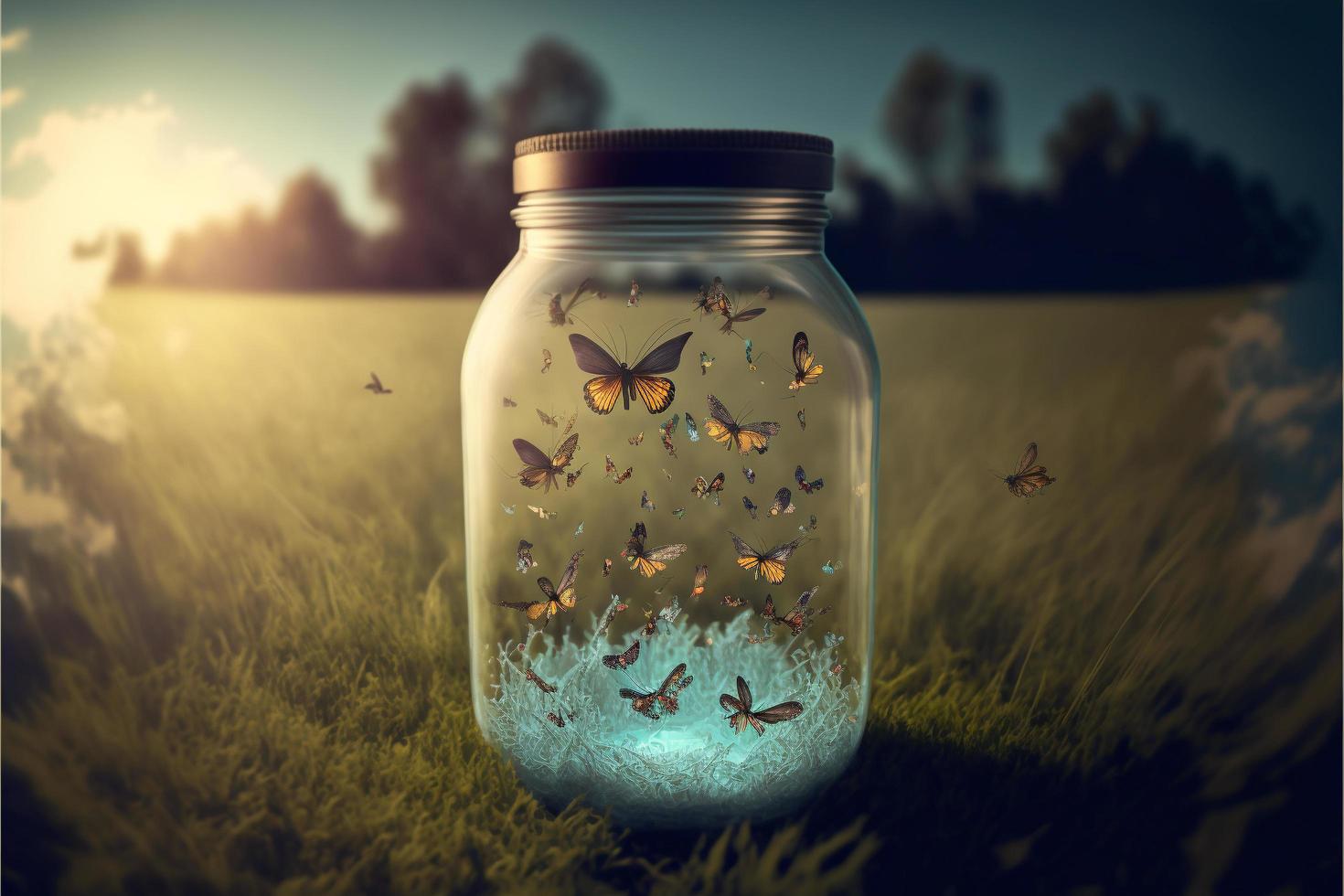 butterflies in a jar on the meadow AI Generative photo