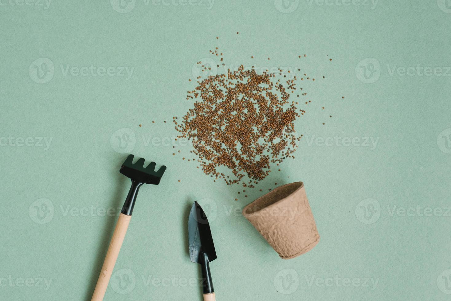 Gardening tool kit for a gardener on a green table background. The concept of spring gardening, a home hobby for the whole family photo