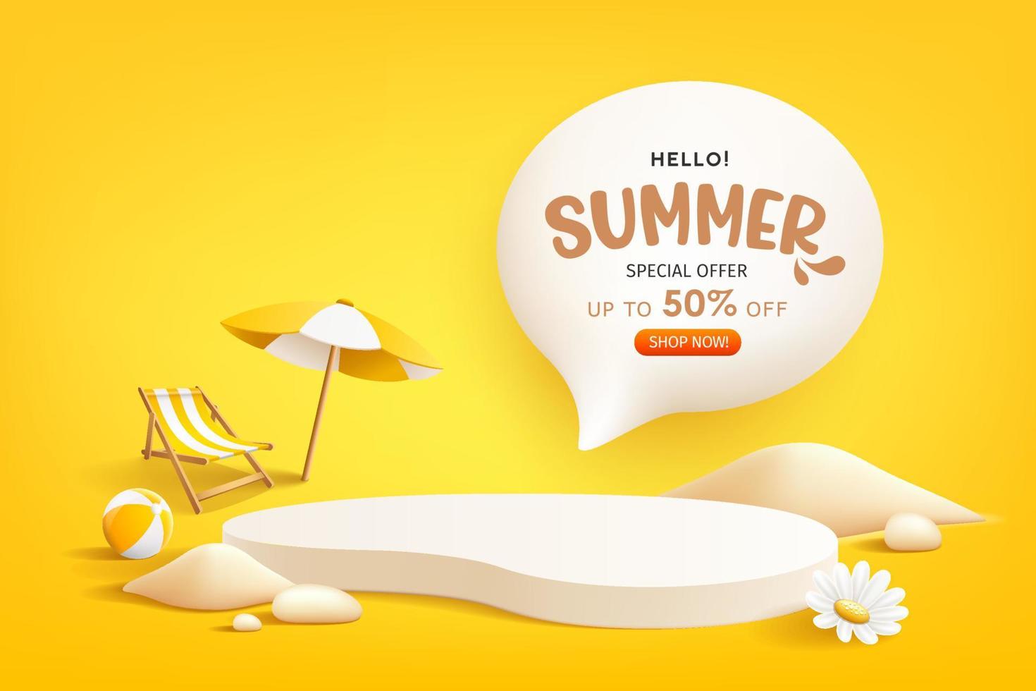 Summer podium display, pile of sand, flowers, beach umbrella, beach chair and beach ball, speech bubble space poster design, on yellow background, EPS 10 vector illustration