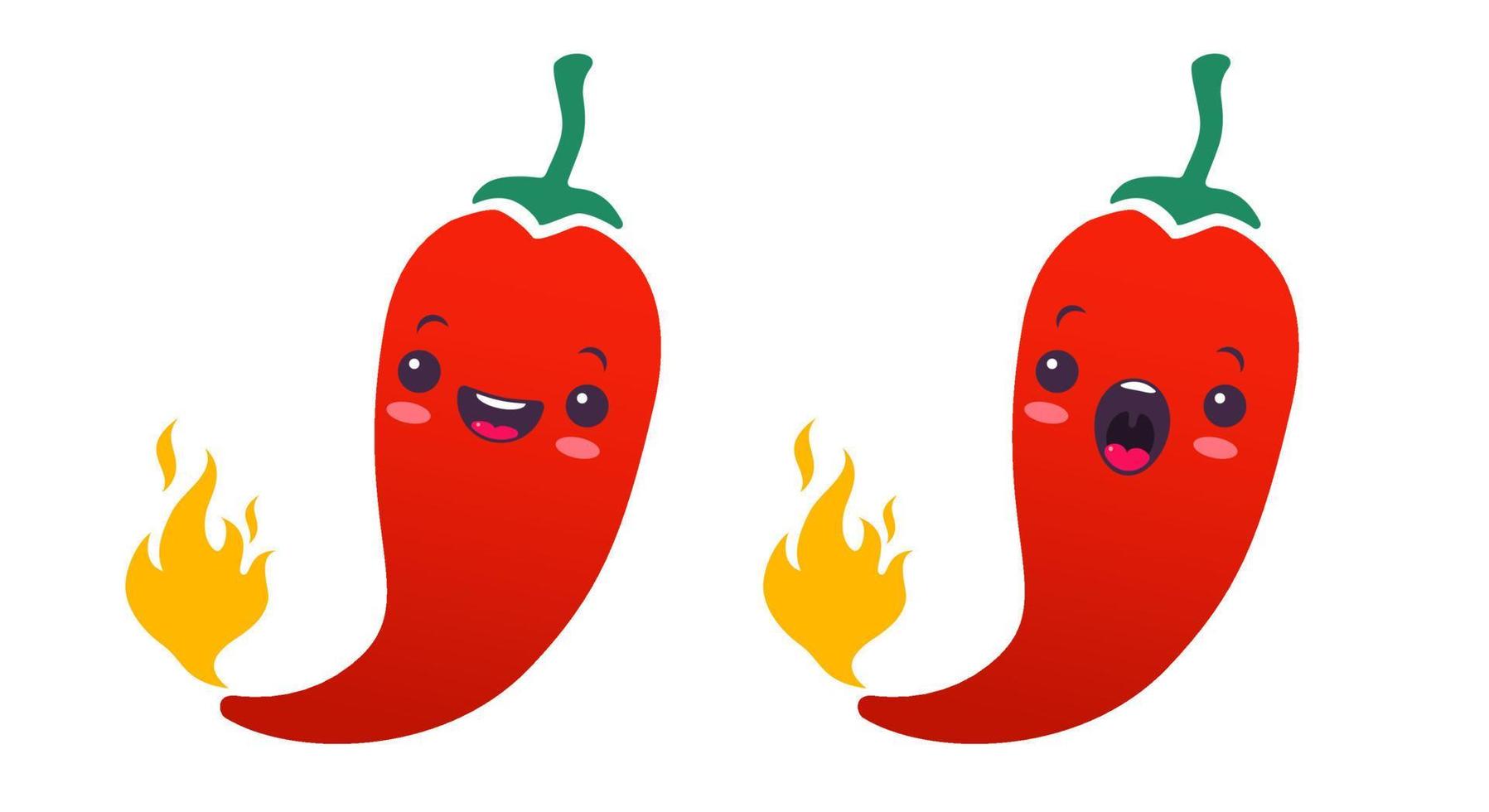 Vector set illustration of a spicy chilli peppers with flame in kawaii style.