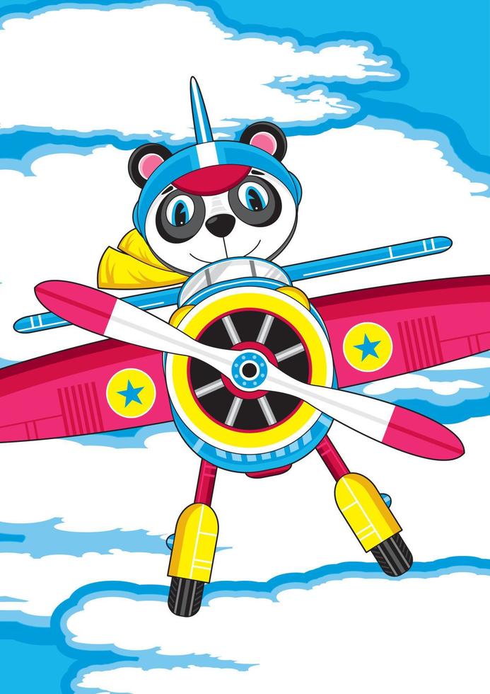 linda dibujos animados panda oso piloto volador estrella avión ilustración vector