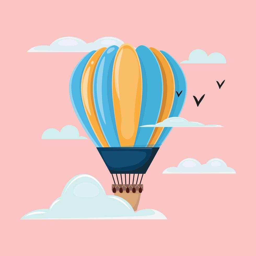 Banner with a yellow and blue hot air balloon with a pink sunset on the backgrounds. vector