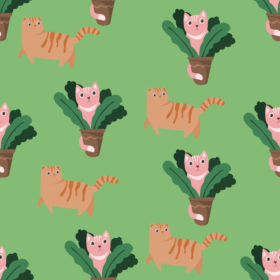 cute cats pattern on green background vector