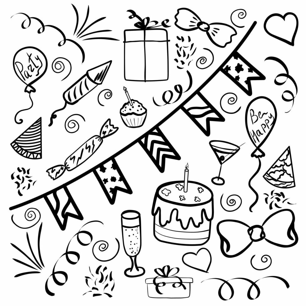 Doodle party, fireworks, confetti, and bunting flags garlands. vector