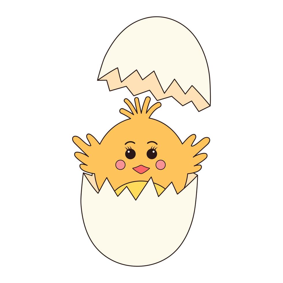 Cute fluffy chicken baby in cracked egg. Easter chick. Groovy retro character. vector