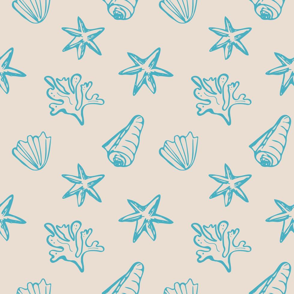 Delicate seamless repeating pattern with seashells on a beige background, marine motif. Hand drawn sea shells in pattern for design, textile,web, wrapping paper and packaging design.Travel and leisure vector