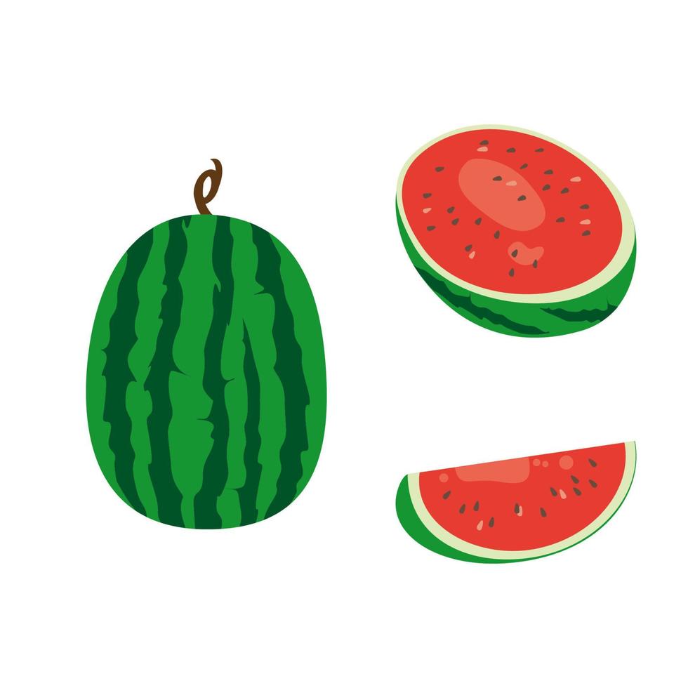 Cartoon watermelon, whole, sliced and half cut fruit. Isolated on white background, flat design, EPS10 vector