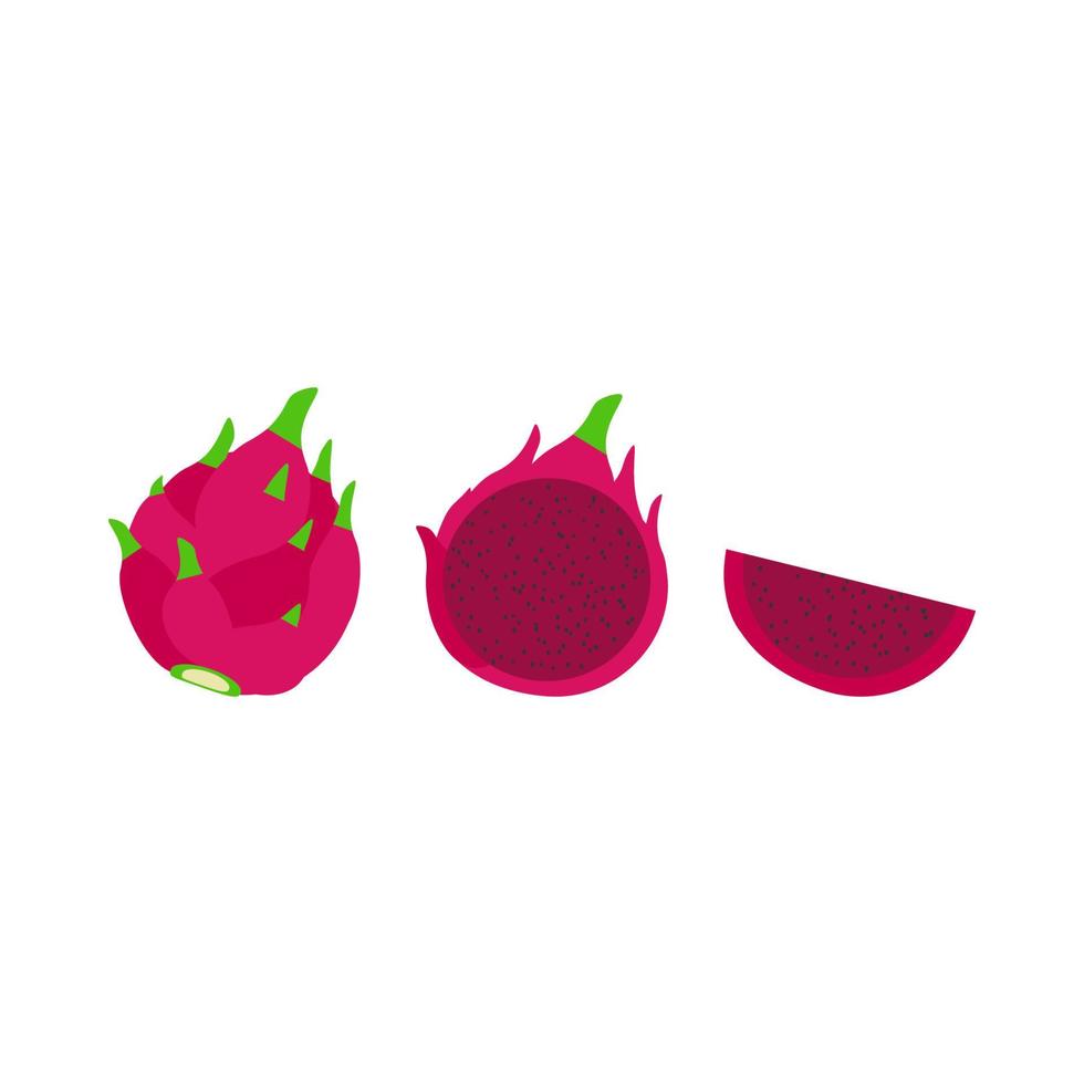 Cartoon whole and sliced red dragon fruit pitaya. Isolated on white background, flat design, EPS10 vector