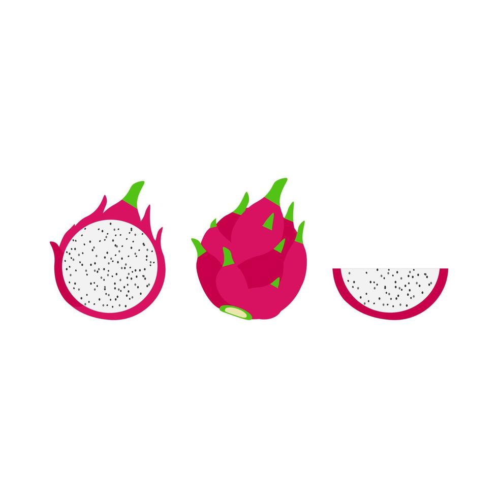 Cartoon whole and sliced white dragon fruit pitaya. Isolated on white background, flat design, EPS10 vector