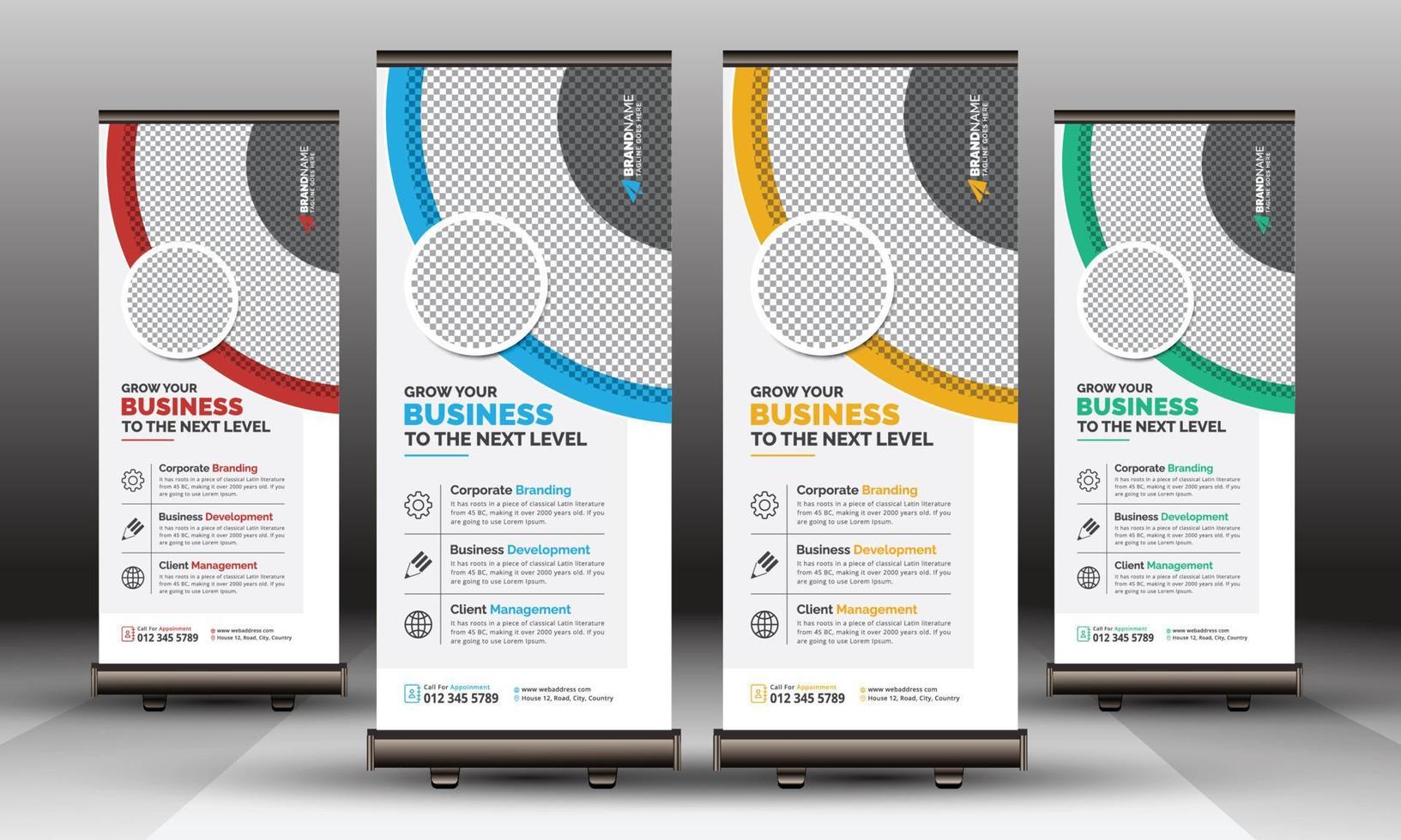 Modern Creative Blue Yellow Red Green Business Corporate Roll Up Banner, Standee Template Clean Design for Advertising vector