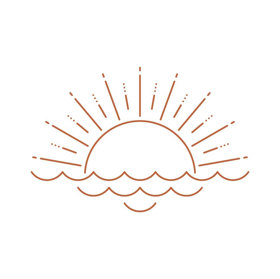 Sunset or sunrise boho logo, sun and sea icon vector